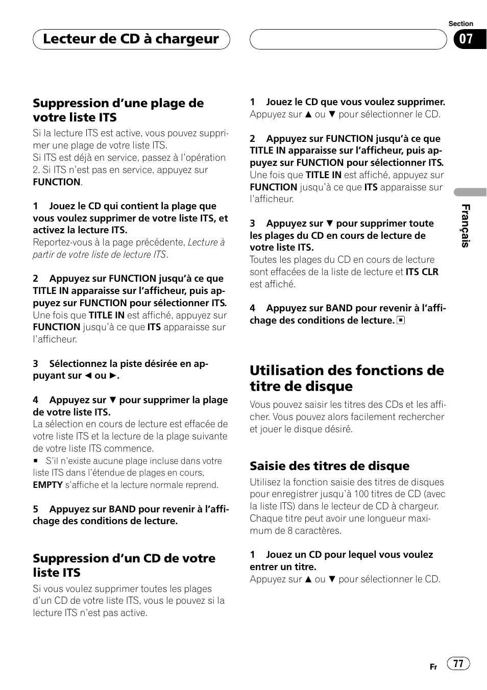 Suppression dune plage de votre liste, Its 77, Suppression dun cd de votre liste | Utilisation des fonctions de titre de, Disque 77, Saisie des titres de disque 77, Utilisation des fonctions de titre de disque, Lecteur de cd à chargeur | Pioneer DEH-P4700MP User Manual | Page 77 / 140