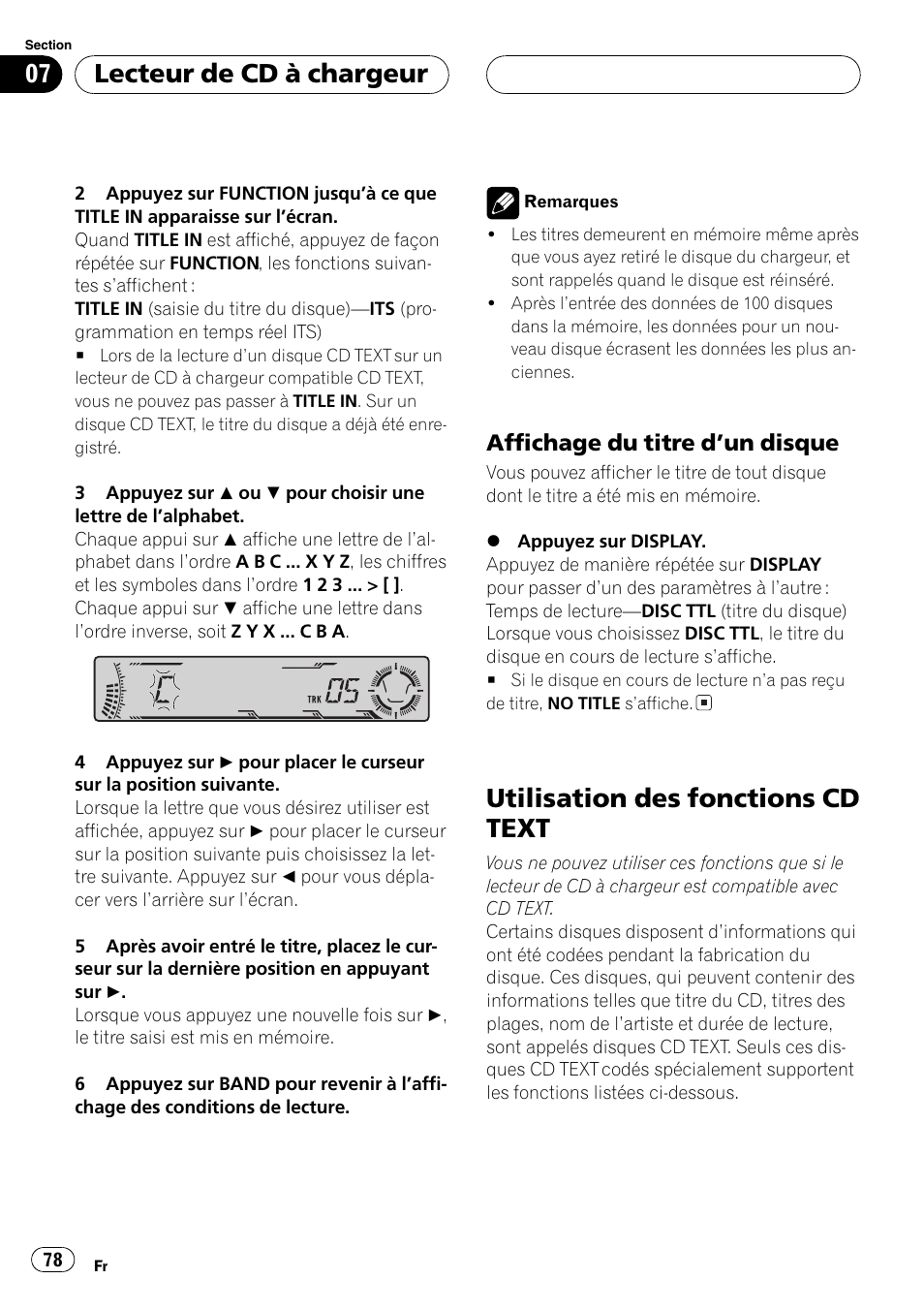 Affichage du titre dun disque 78, Utilisation des fonctions cd text 78, Utilisation des fonctions cd text | Lecteur de cd à chargeur, Affichage du titre dun disque | Pioneer DEH-P4700MP User Manual | Page 78 / 140