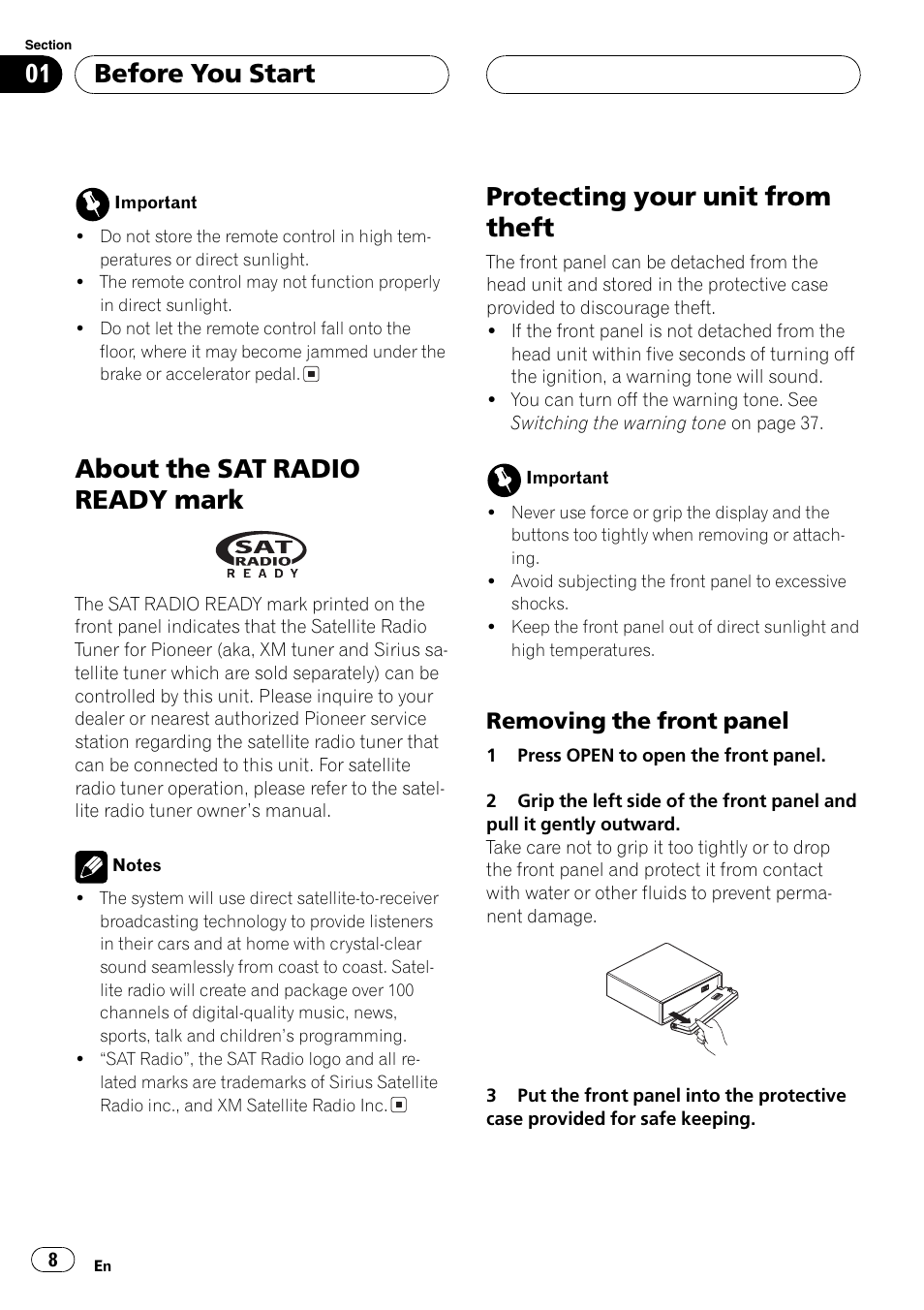 Removing the front panel 8, About the sat radio ready mark, Protecting your unit from theft | Before you start, Removing the front panel | Pioneer DEH-P4700MP User Manual | Page 8 / 140