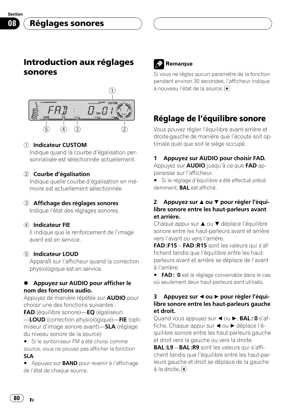 Réglages sonores, Introduction aux réglages sonores 80, Réglage de léquilibre sonore 80 | Introduction aux réglages sonores, Réglage de léquilibre sonore | Pioneer DEH-P4700MP User Manual | Page 80 / 140