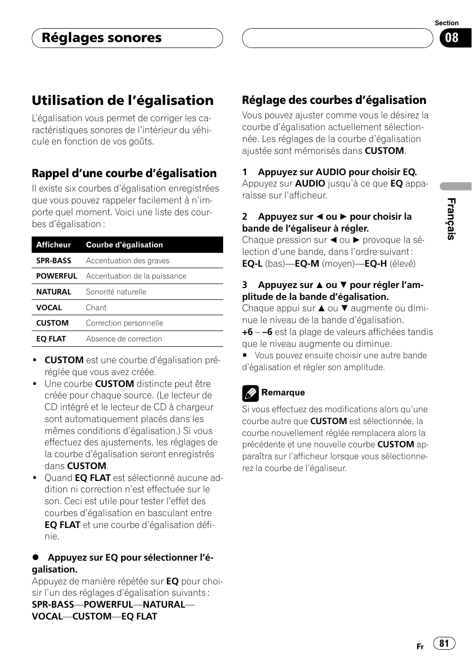 Utilisation de légalisation 81, Rappel dune courbe, Dégalisation 81 | Réglage des courbes, Utilisation de légalisation, Réglages sonores, Rappel dune courbe dégalisation, Réglage des courbes dégalisation | Pioneer DEH-P4700MP User Manual | Page 81 / 140