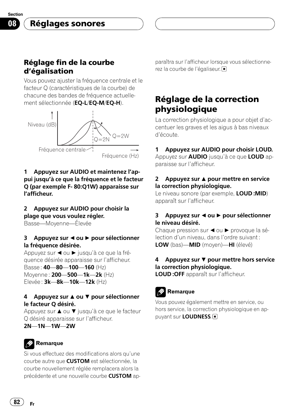 Réglage fin de la courbe, Dégalisation 82, Réglage de la correction physiologique 82 | Réglage de la correction physiologique, Réglages sonores, Réglage fin de la courbe dégalisation | Pioneer DEH-P4700MP User Manual | Page 82 / 140