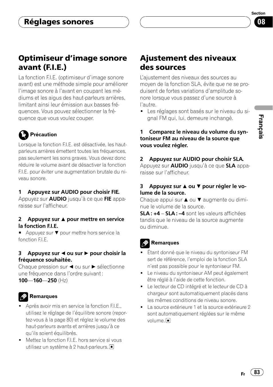 Optimiseur dimage sonore avant (f.i.e.) 83, Ajustement des niveaux des sources 83, Optimiseur dimage sonore avant (f.i.e.) | Ajustement des niveaux des sources, Réglages sonores | Pioneer DEH-P4700MP User Manual | Page 83 / 140