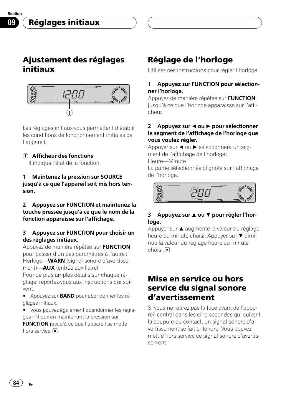 Réglages initiaux, Ajustement des réglages initiaux 84, Réglage de lhorloge 84 | Mise en service ou hors service du signal, Sonore davertissement 84, Ajustement des réglages initiaux, Réglage de lhorloge | Pioneer DEH-P4700MP User Manual | Page 84 / 140