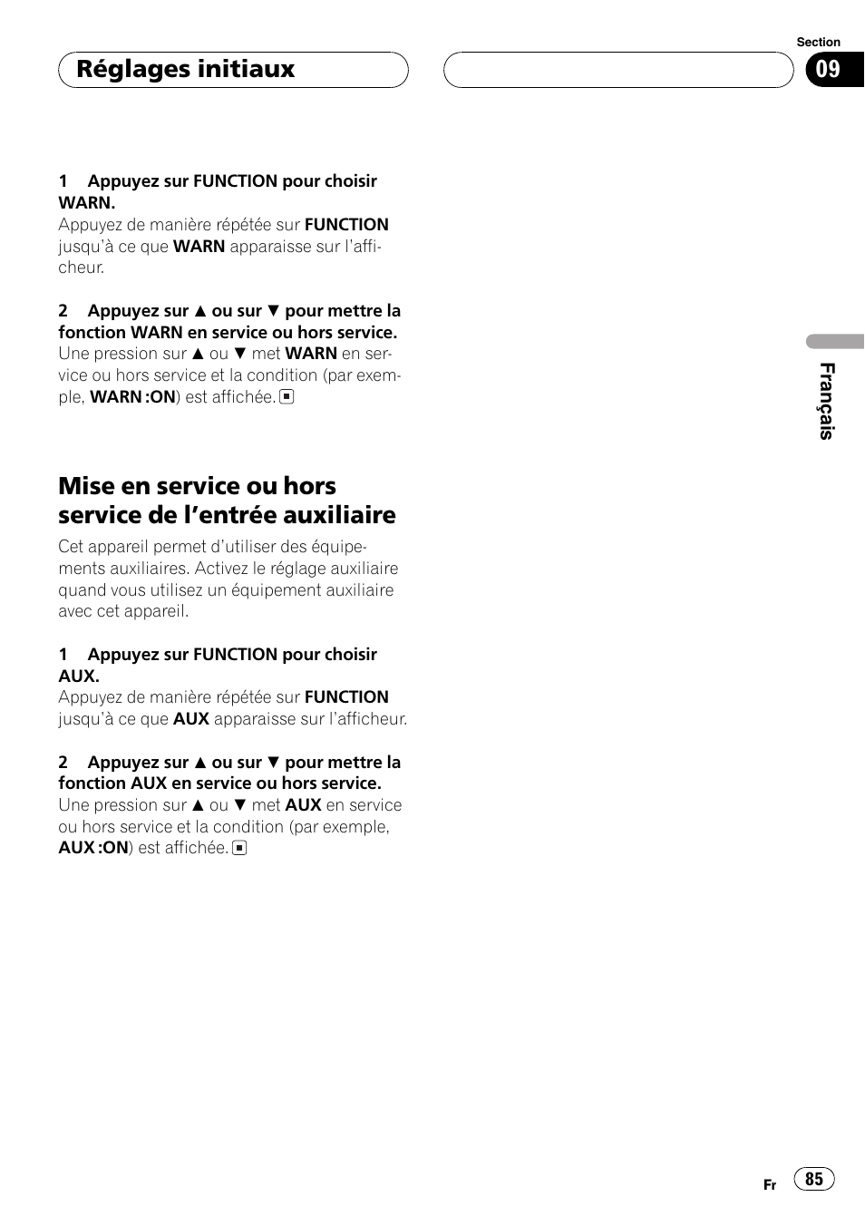 Mise en service ou hors service de lentrée, Auxiliaire 85, Réglages initiaux | Pioneer DEH-P4700MP User Manual | Page 85 / 140