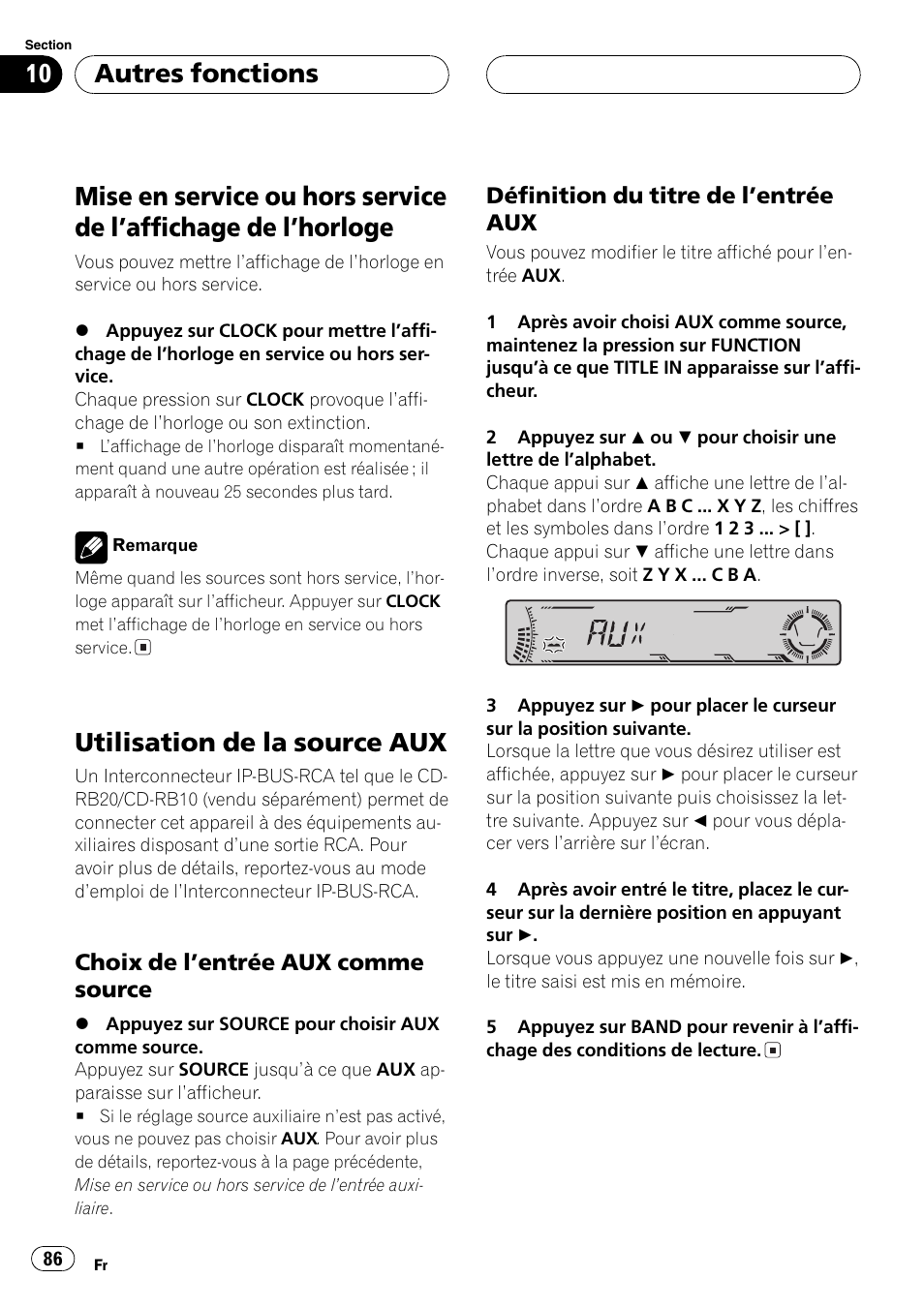 Autres fonctions, Mise en service ou hors service de laffichage, De lhorloge 86 | Utilisation de la source aux 86, Choix de lentrée aux comme, Source 86, Définition du titre de lentrée aux 86, Utilisation de la source aux | Pioneer DEH-P4700MP User Manual | Page 86 / 140