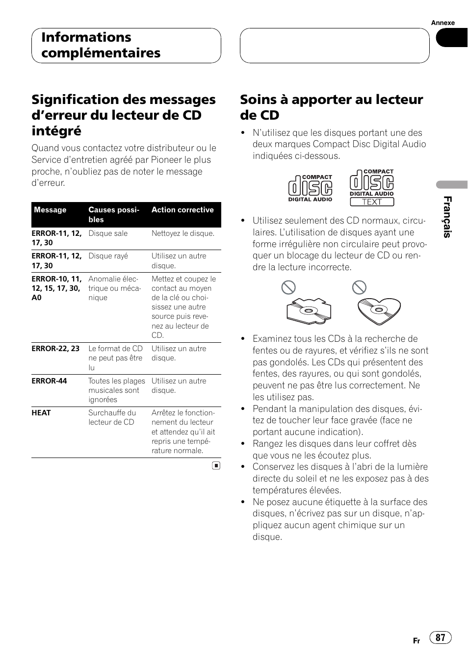 Informations complémentaires, Signification des messages derreur du, Lecteur de cd intégré 87 | Soins à apporter au lecteur de cd 87, Soins à apporter au lecteur de cd, Français | Pioneer DEH-P4700MP User Manual | Page 87 / 140