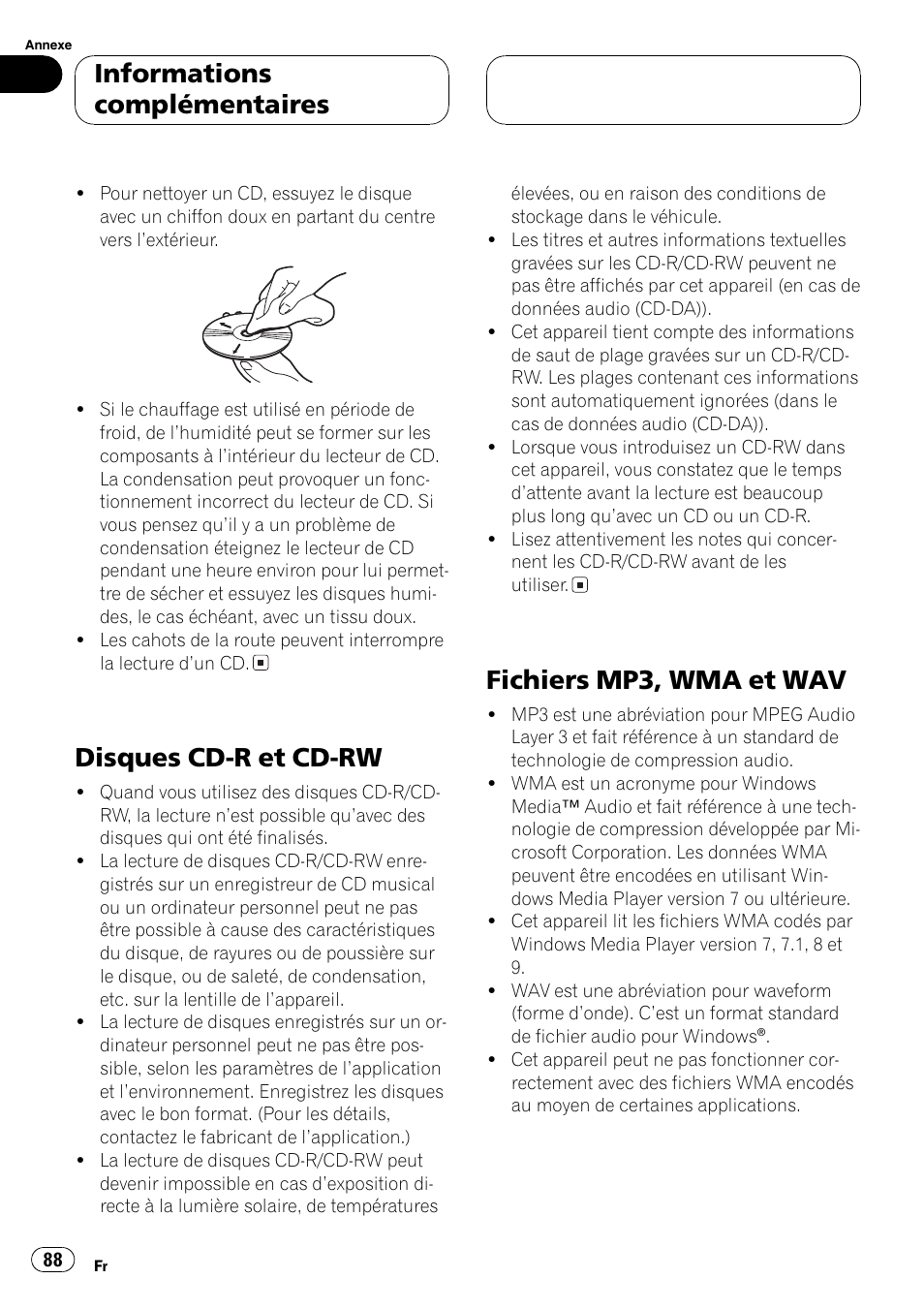 Disques cd-r et cd-rw 88, Fichiers mp3, wma et wav 88, Disques cd-r et cd-rw | Fichiers mp3, wma et wav, Informations complémentaires | Pioneer DEH-P4700MP User Manual | Page 88 / 140