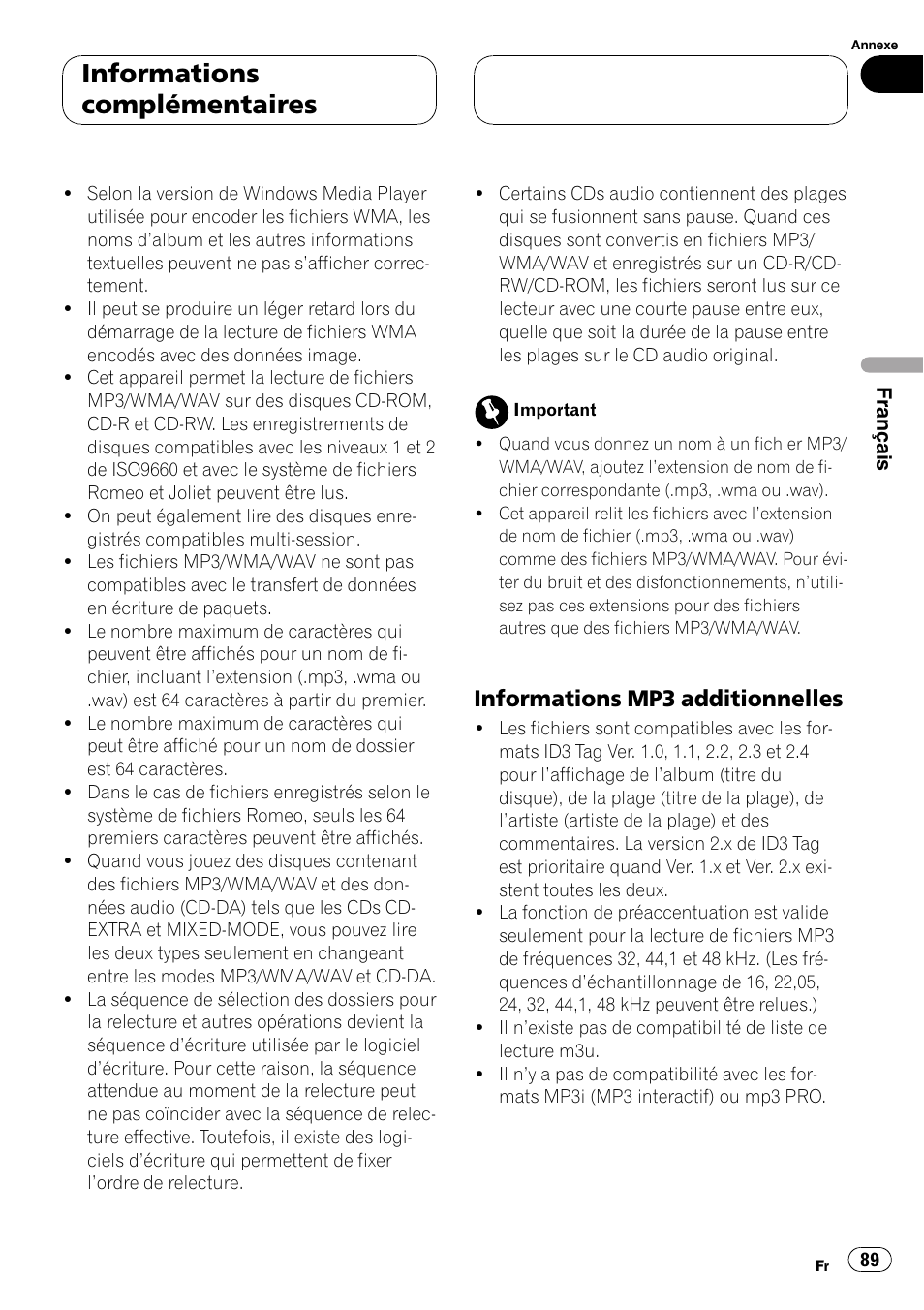 Informations mp3 additionnelles 89, Informations complémentaires, Informations mp3 additionnelles | Pioneer DEH-P4700MP User Manual | Page 89 / 140