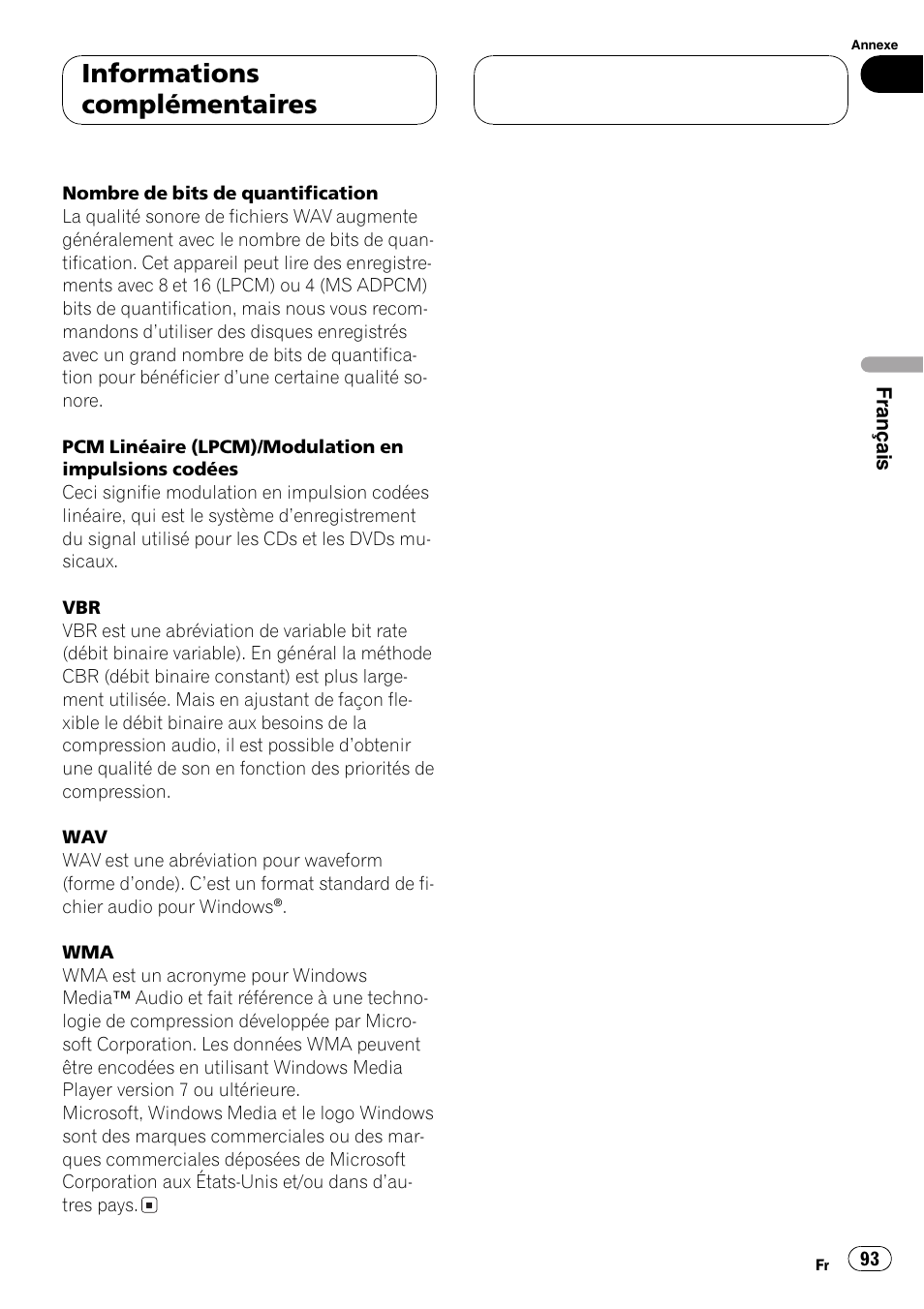 Informations complémentaires | Pioneer DEH-P4700MP User Manual | Page 93 / 140