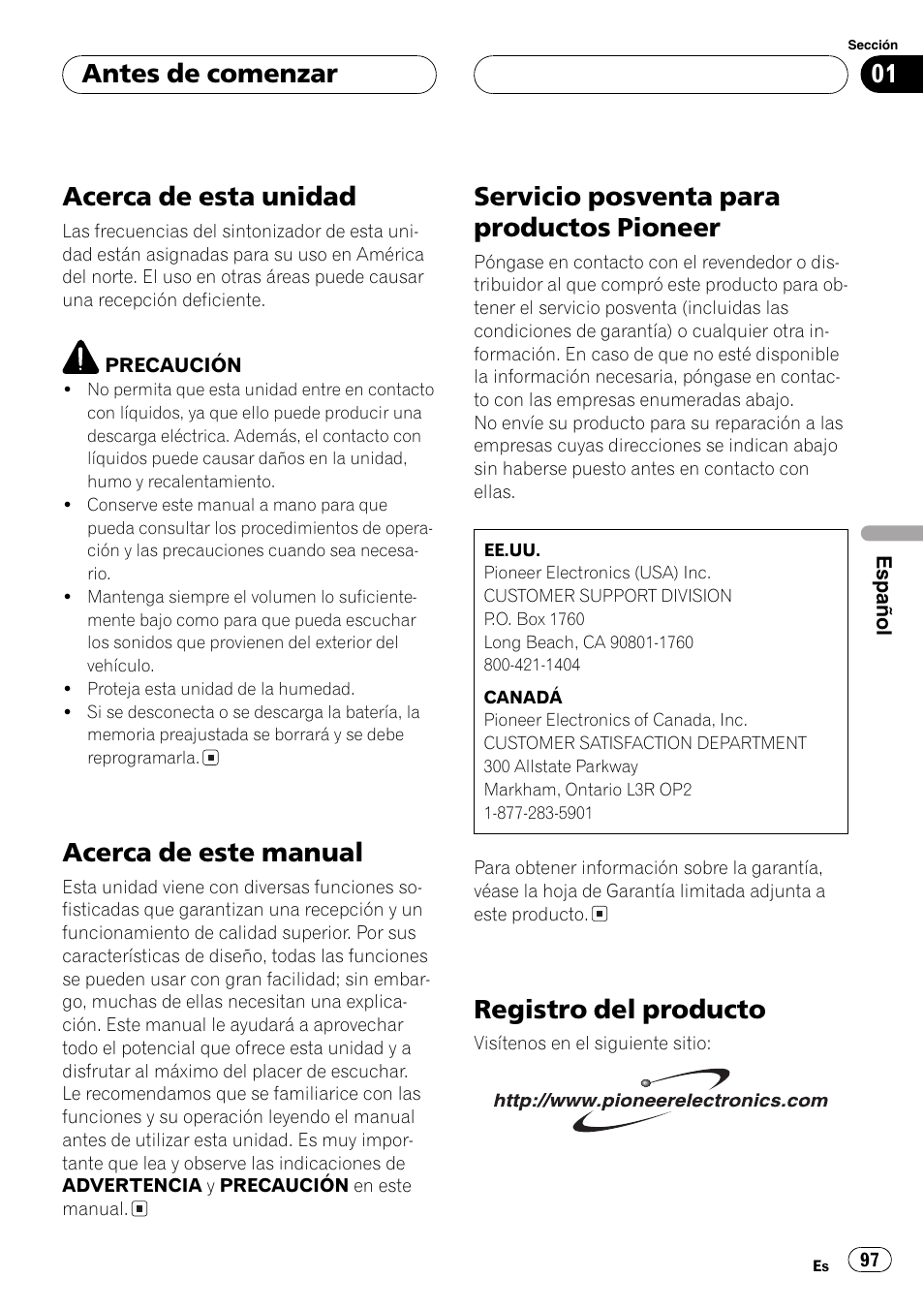 Antes de comenzar acerca de esta unidad 97, Acerca de este manual 97, Servicio posventa para productos | Pioneer 97, Registro del producto 97, Acerca de esta unidad, Acerca de este manual, Servicio posventa para productos pioneer, Registro del producto, Antes de comenzar | Pioneer DEH-P4700MP User Manual | Page 97 / 140