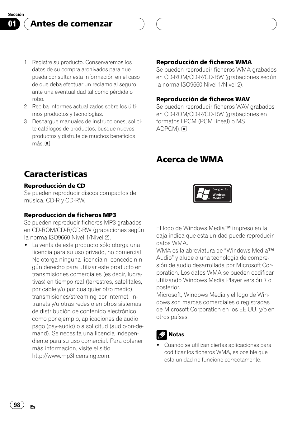 Características 98, Acerca de wma 98, Características | Acerca de wma, Antes de comenzar | Pioneer DEH-P4700MP User Manual | Page 98 / 140