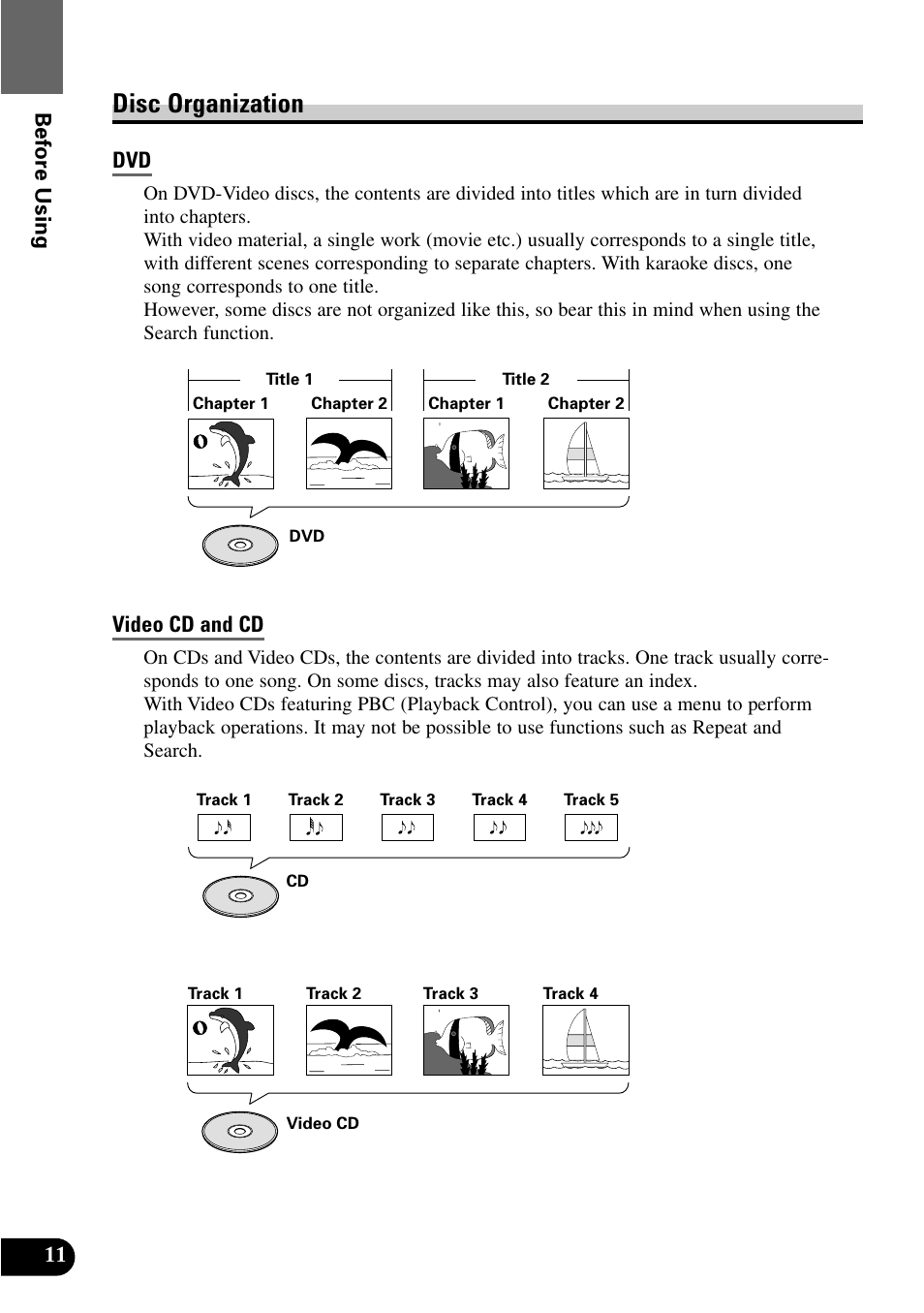 Disc organization, Video cd and cd, Before using | Pioneer XDV-P9 User Manual | Page 14 / 84
