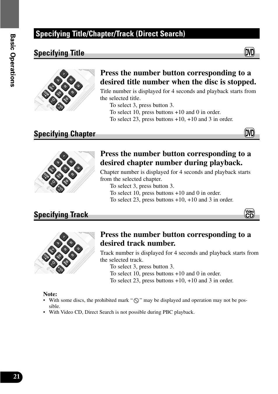 Specifying title/chapter/track, Direct search), Specifying title | Specifying chapter, Specifying track | Pioneer XDV-P9 User Manual | Page 24 / 84