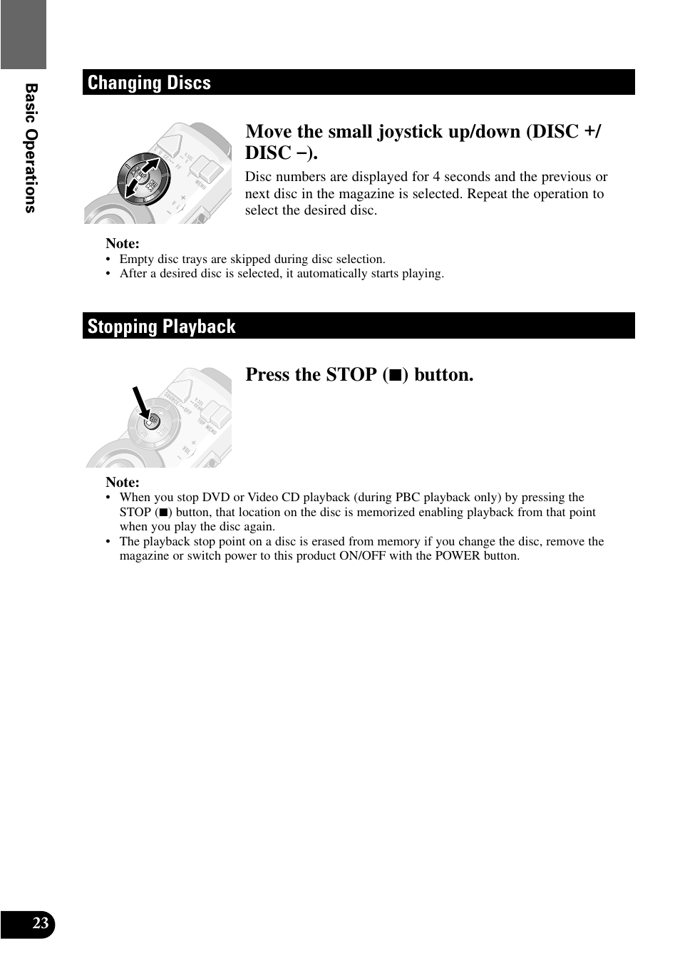 Changing discs stopping playback, Stopping playback press the stop ( 7 ) button | Pioneer XDV-P9 User Manual | Page 26 / 84