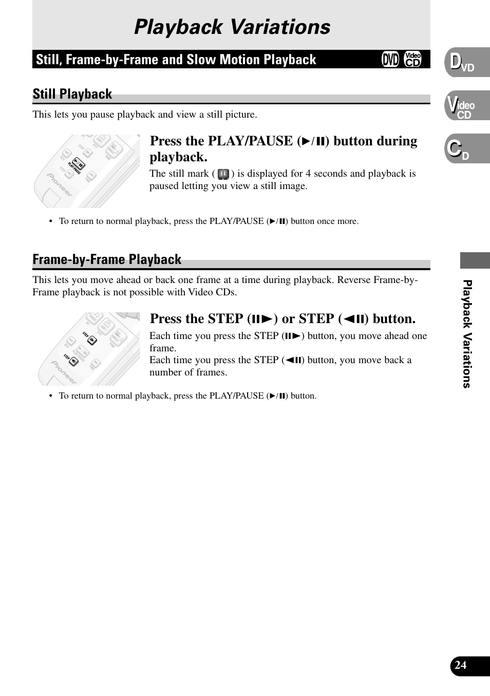 Playback variations, Still, frame-by-frame and, Slow motion playback | Still playback, Frame-by-frame playback | Pioneer XDV-P9 User Manual | Page 27 / 84