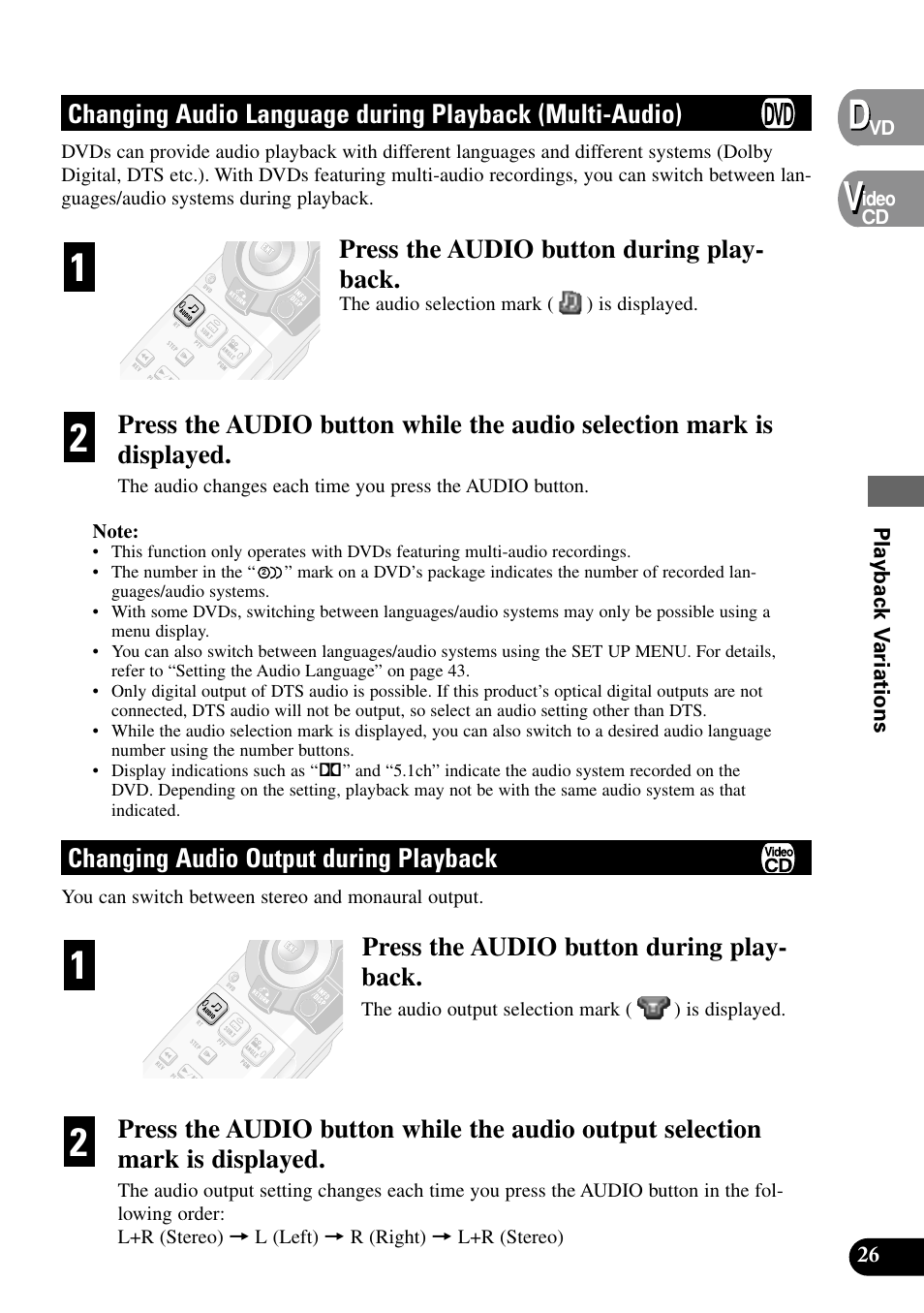 Changing audio language, During playback (multi-audio), Changing audio output | During playback, Press the audio button during play- back, Changing audio output during playback | Pioneer XDV-P9 User Manual | Page 29 / 84