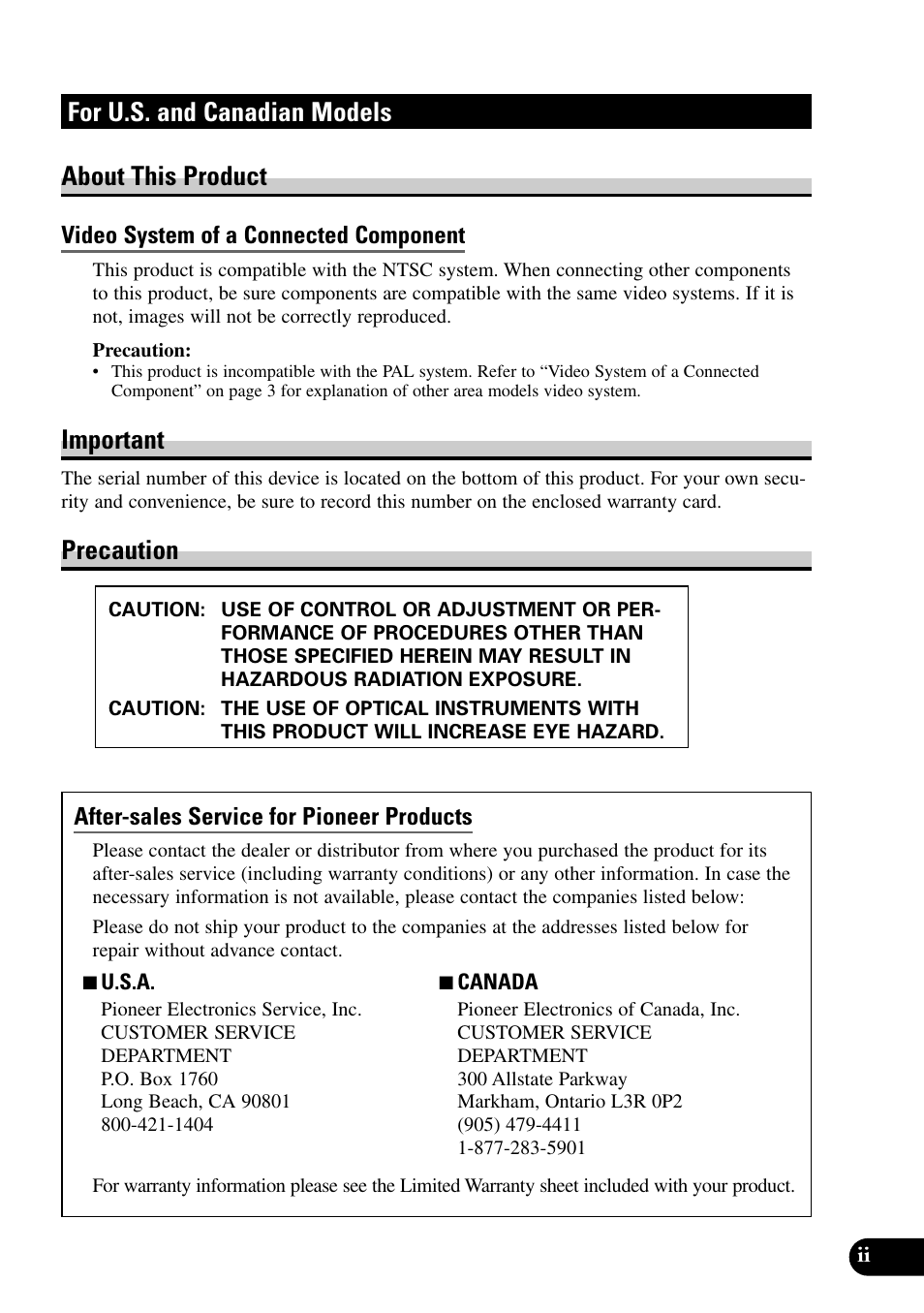 For u.s. and canadian models about this product, Important, Precaution | Pioneer XDV-P9 User Manual | Page 3 / 84