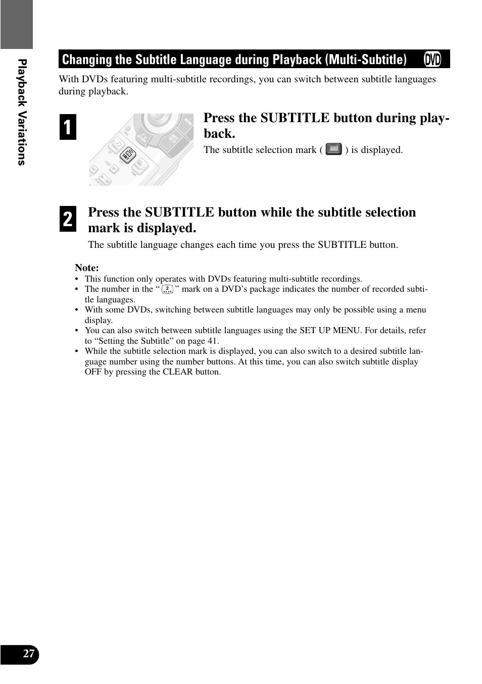 Changing the subtitle language, During playback (multi-subtitle), Press the subtitle button during play- back | Pioneer XDV-P9 User Manual | Page 30 / 84