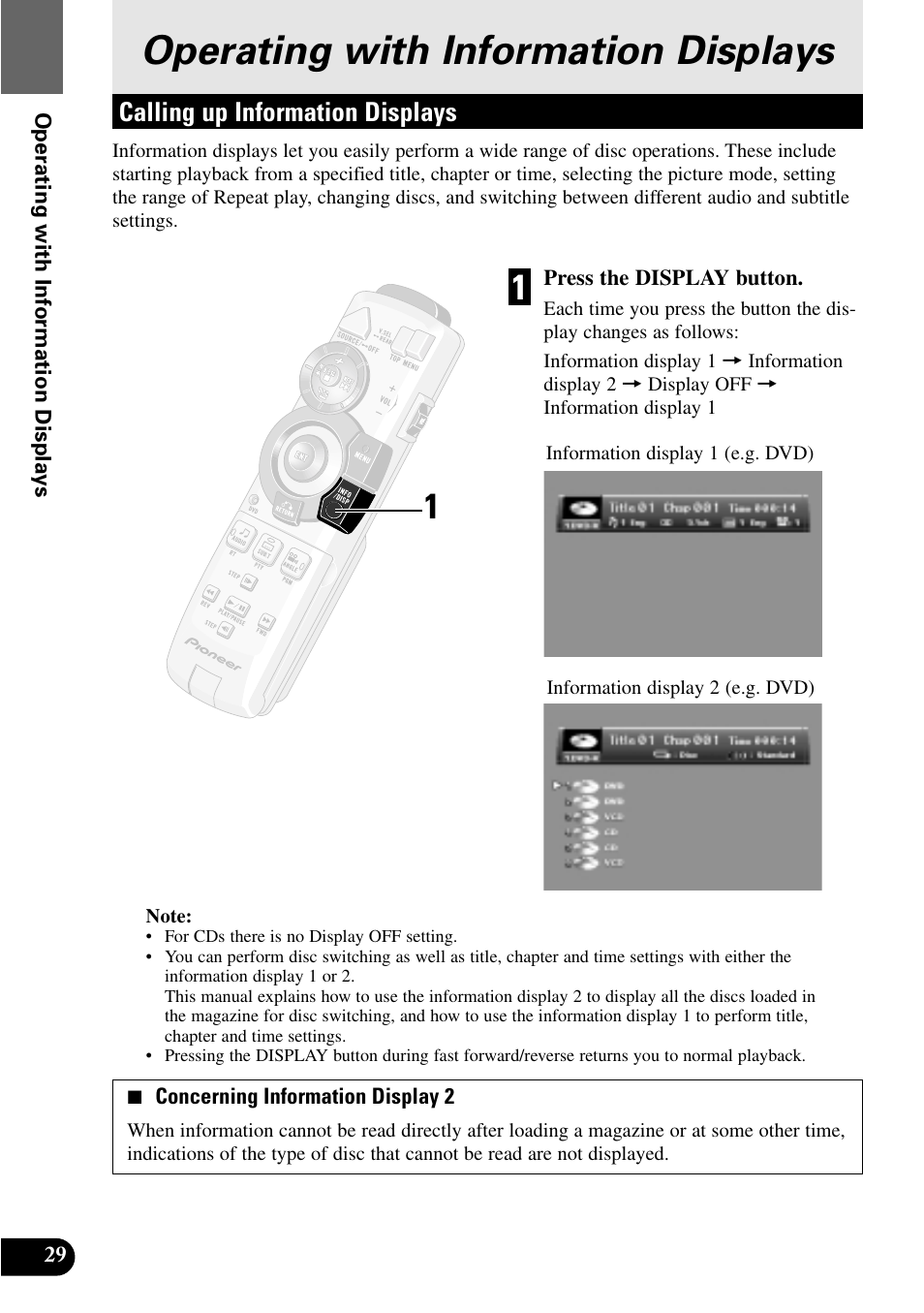 Operating with, Information displays, Calling up information displays | Operating with information displays | Pioneer XDV-P9 User Manual | Page 32 / 84