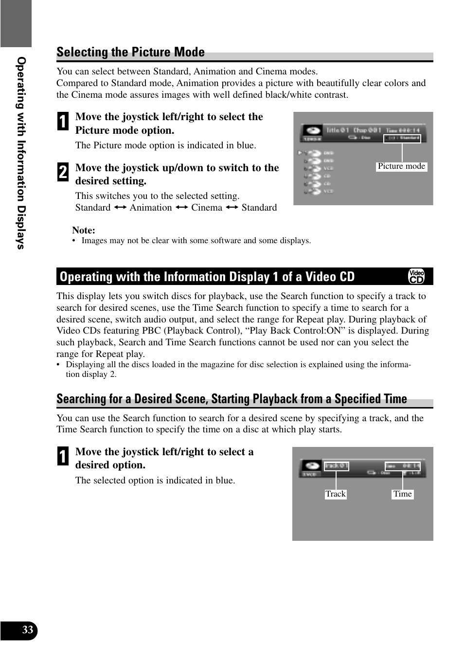 Selecting the picture mode, Operating with the information, Display 1 of a video cd | Pioneer XDV-P9 User Manual | Page 36 / 84