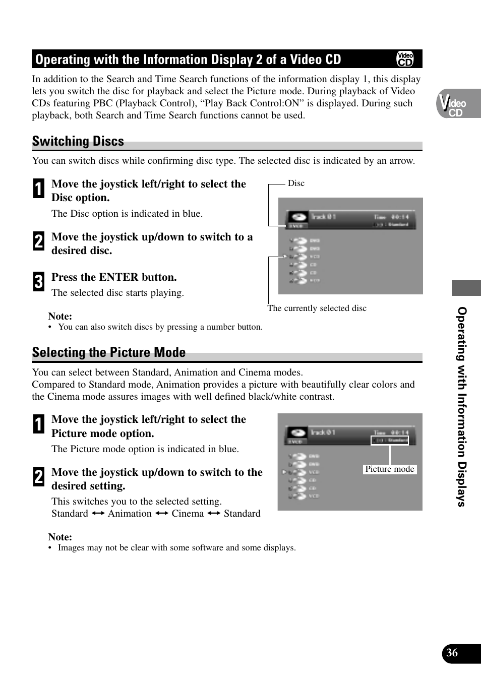Operating with the information, Display 2 of a video cd, Switching discs | Selecting the picture mode | Pioneer XDV-P9 User Manual | Page 39 / 84