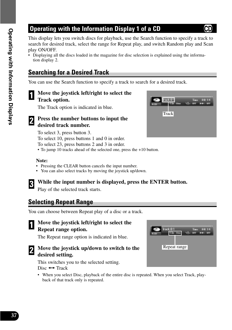 Operating with the information, Display 1 of a cd, Searching for a desired track | Selecting repeat range, Operating with the information display 1 of a cd | Pioneer XDV-P9 User Manual | Page 40 / 84