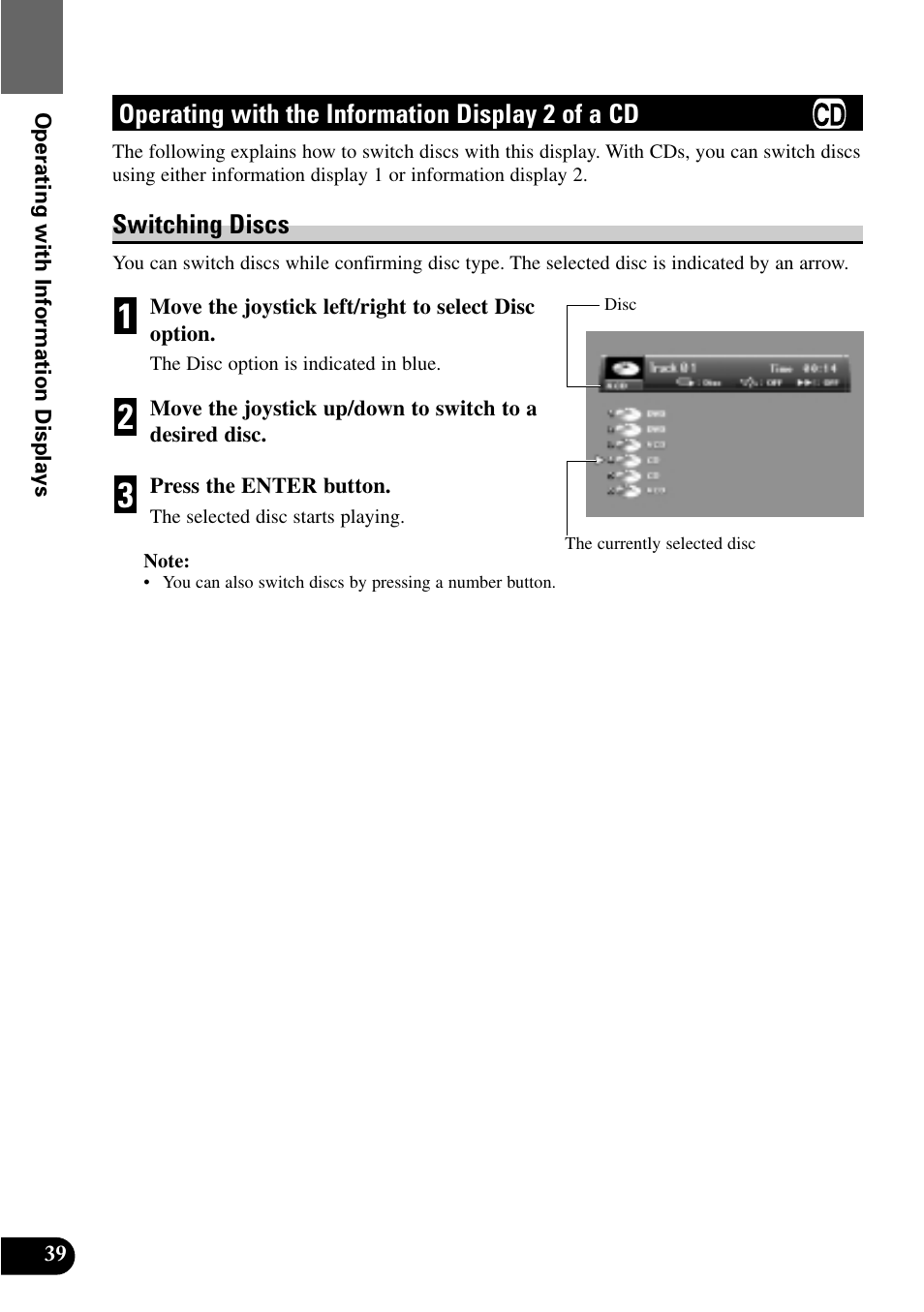 Operating with the information, Display 2 of a cd, Switching discs | Pioneer XDV-P9 User Manual | Page 42 / 84
