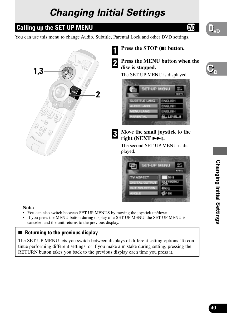 Changing initial settings, Calling up the set up menu, Cchanging initial settings | Pioneer XDV-P9 User Manual | Page 43 / 84