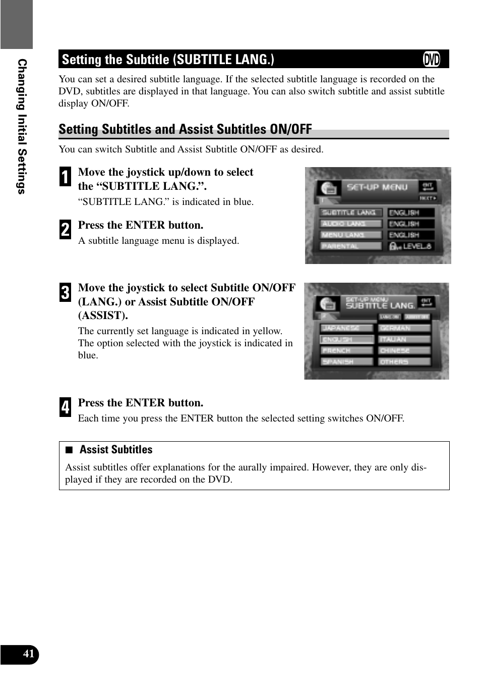Setting the subtitle, Subtitle lang.), Setting subtitles and assist subtitles on/off | Pioneer XDV-P9 User Manual | Page 44 / 84