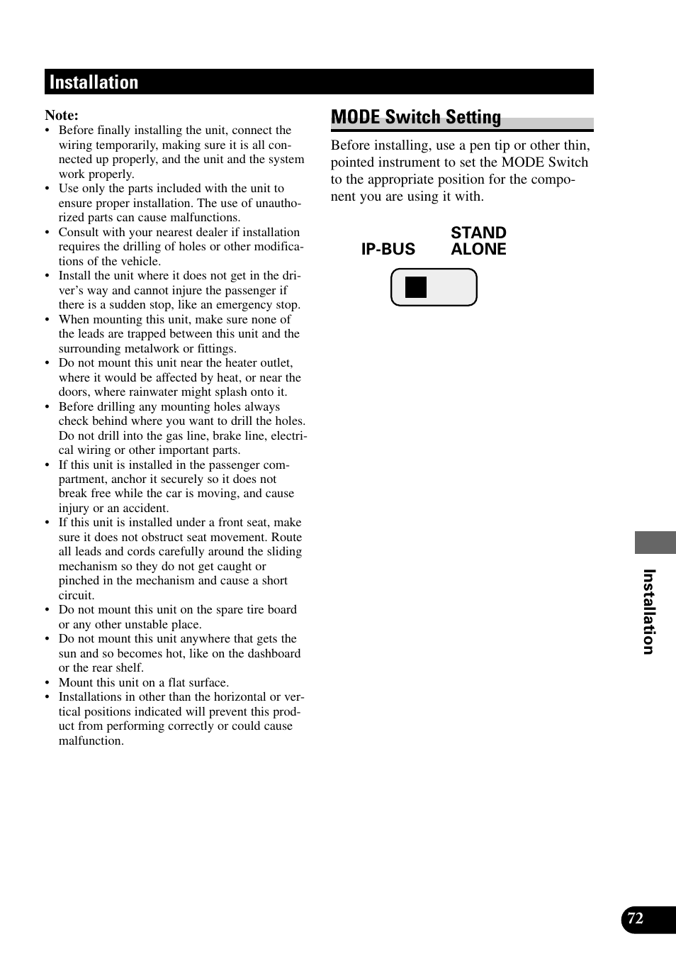 Installation, Mode switch setting | Pioneer XDV-P9 User Manual | Page 75 / 84