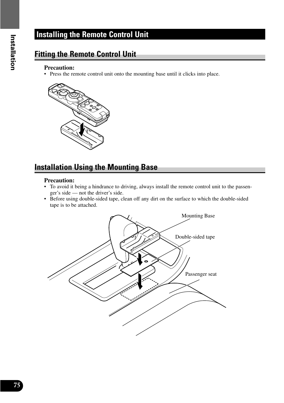 Installing the remote control unit, Fitting the remote control unit, Installation using the mounting base | Pioneer XDV-P9 User Manual | Page 78 / 84