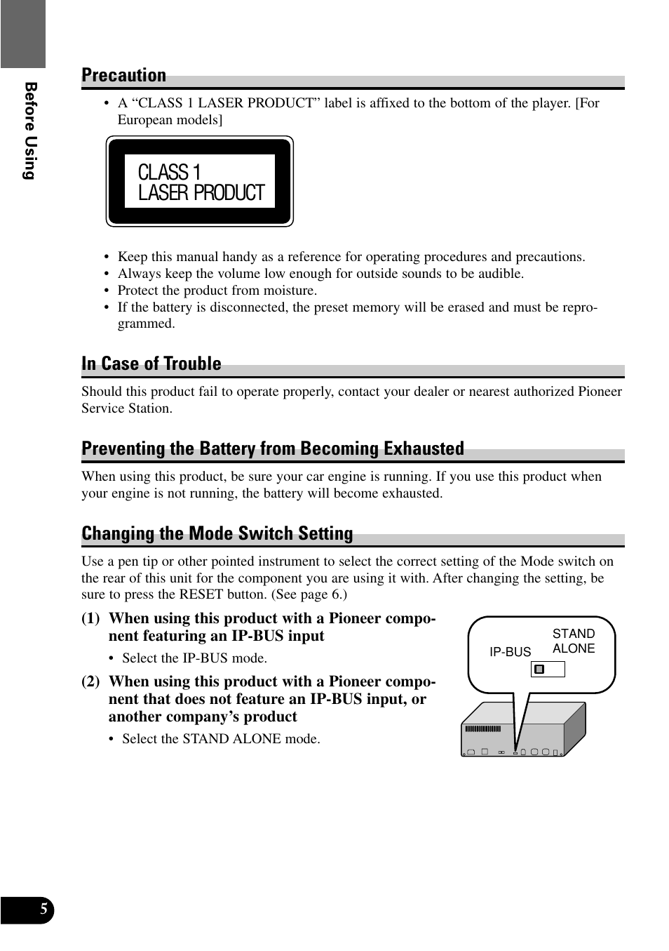 Precaution, In case of trouble, Preventing the battery from becoming exhausted | Changing the mode switch setting, Class 1 laser product | Pioneer XDV-P9 User Manual | Page 8 / 84