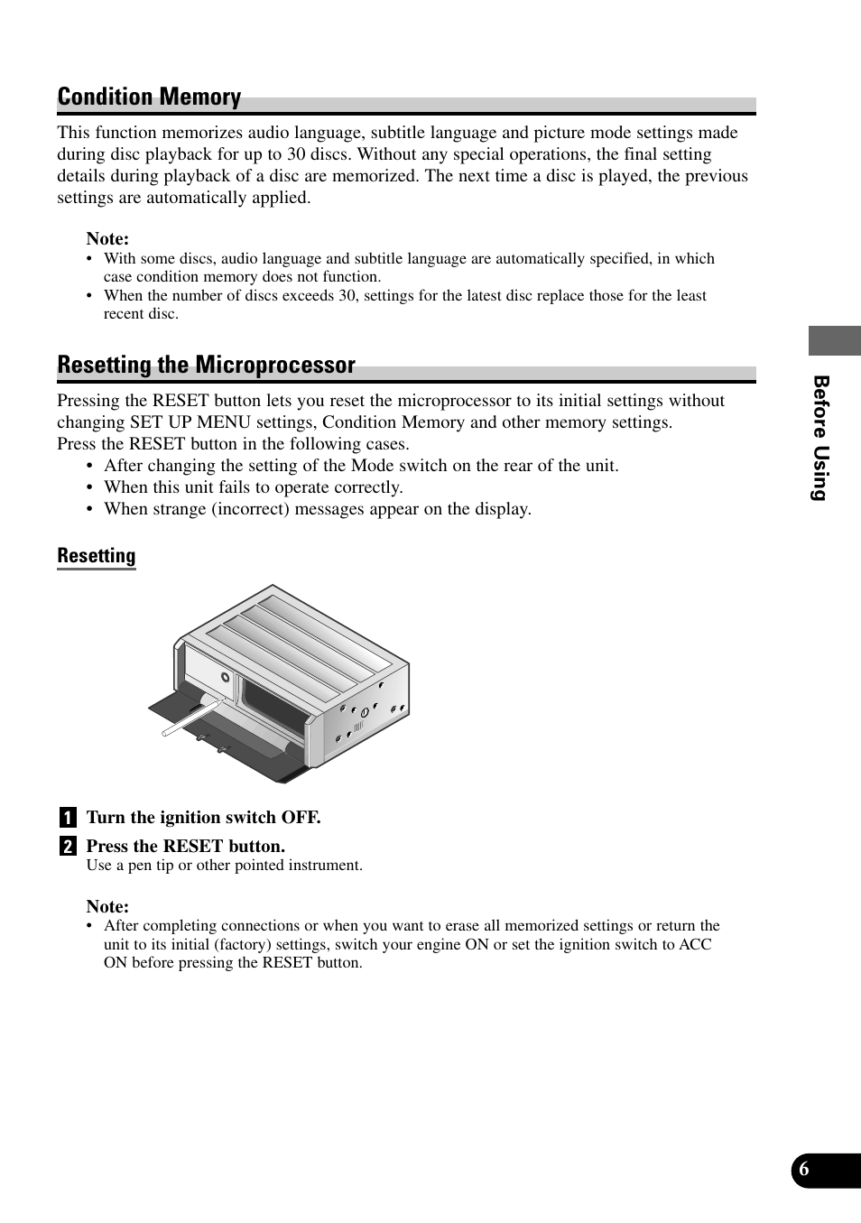 Condition memory, Resetting the microprocessor | Pioneer XDV-P9 User Manual | Page 9 / 84