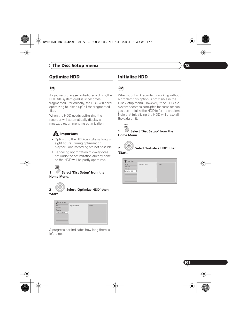 Optimize hdd, Initialize hdd, The disc setup menu 12 | Pioneer DVR-745H-S User Manual | Page 101 / 136