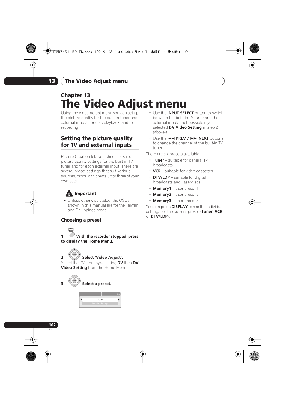13 the video adjust menu, The video adjust menu, The video adjust menu 13 | Chapter 13, Setting the picture quality, For tv and external inputs | Pioneer DVR-745H-S User Manual | Page 102 / 136