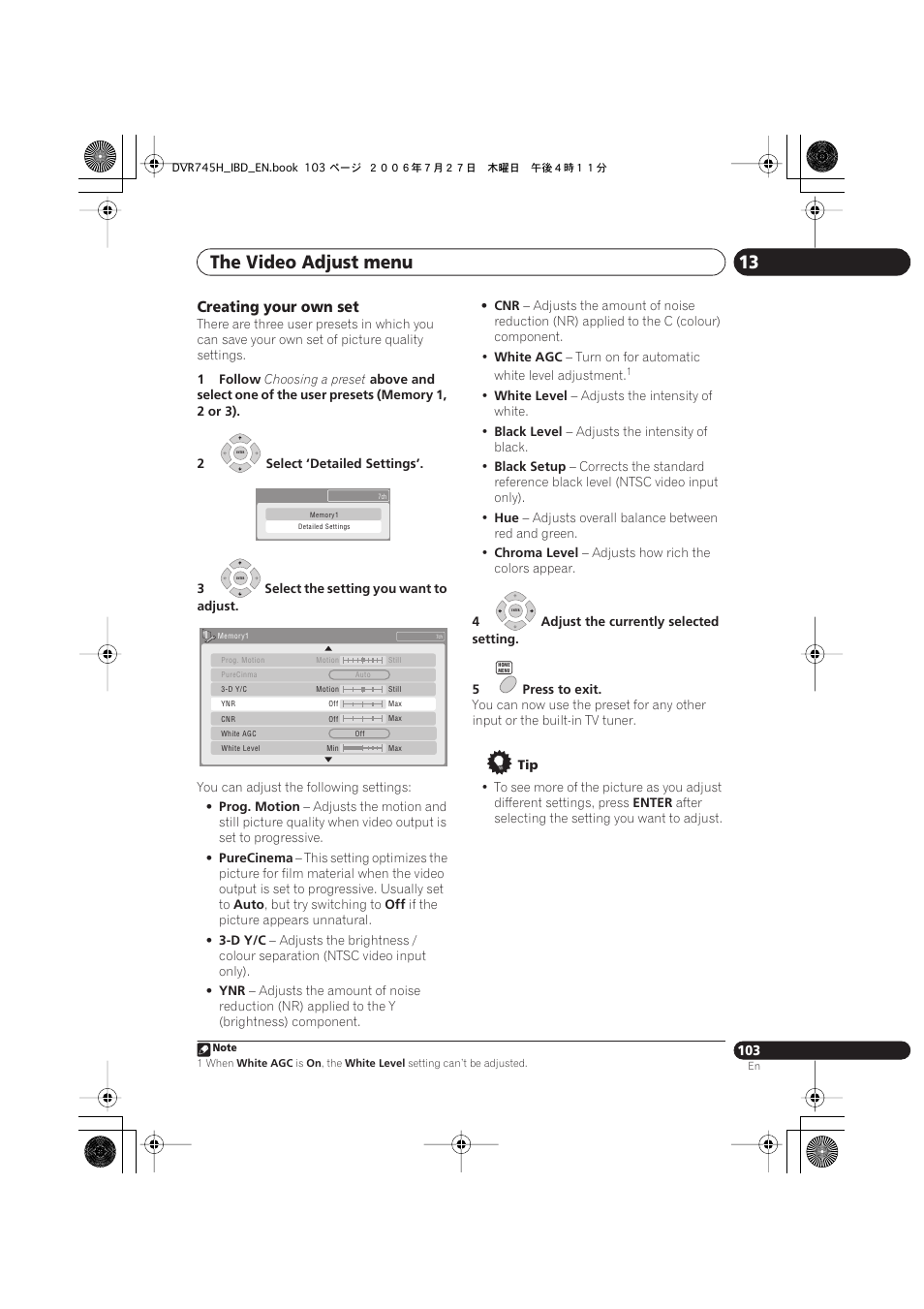 The video adjust menu 13, Creating your own set | Pioneer DVR-745H-S User Manual | Page 103 / 136