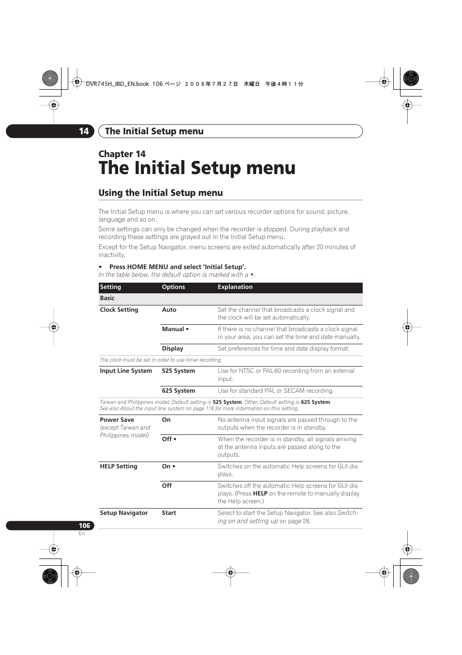 14 the initial setup menu, Using the initial setup menu, The initial setup menu | The initial setup menu 14, Chapter 14 | Pioneer DVR-745H-S User Manual | Page 106 / 136