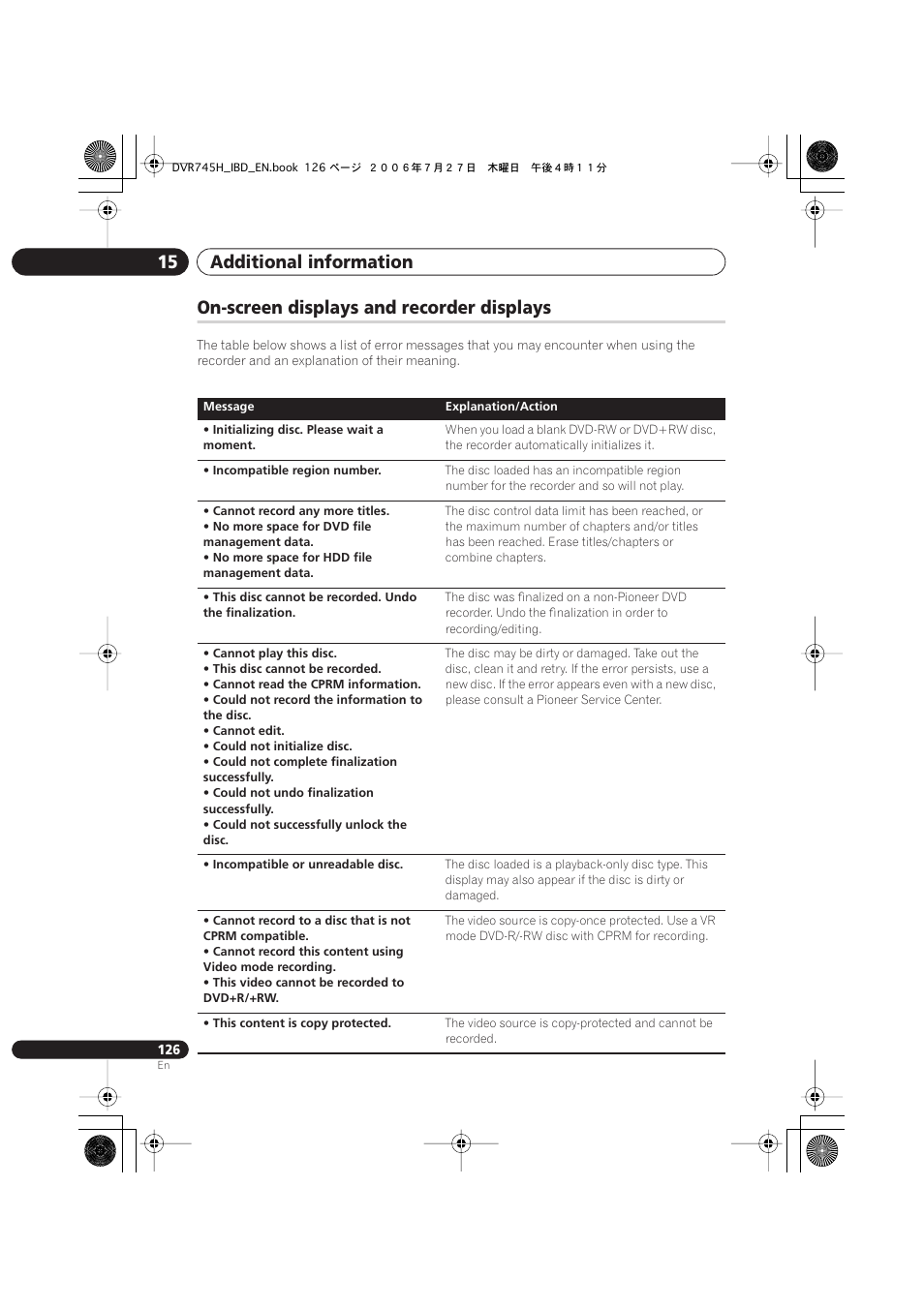 On-screen displays and recorder displays, Additional information 15 | Pioneer DVR-745H-S User Manual | Page 126 / 136