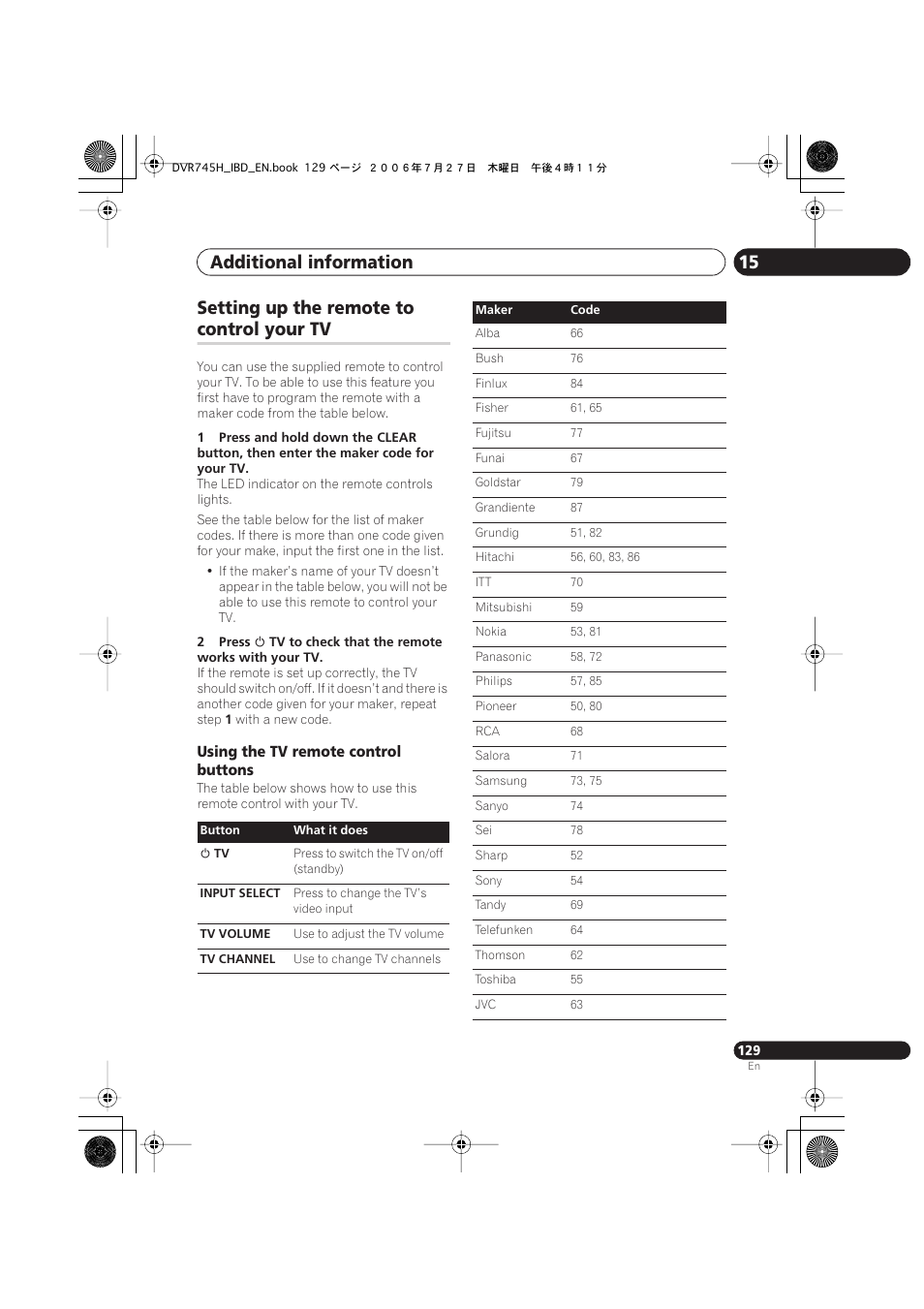 Setting up the remote to control your tv, Additional information 15, Setting up the remote to | Control your tv | Pioneer DVR-745H-S User Manual | Page 129 / 136