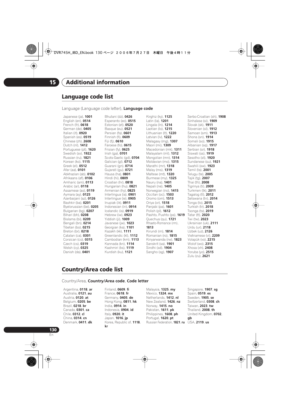 Language code list, Country/area code list, Additional information 15 | Pioneer DVR-745H-S User Manual | Page 130 / 136