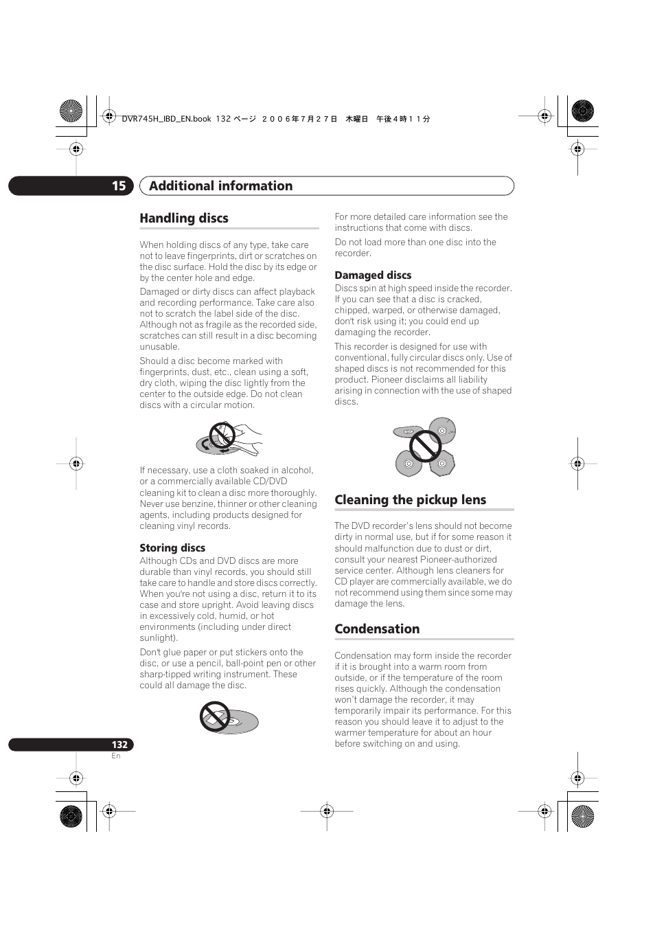Handling discs, Cleaning the pickup lens, Condensation | Additional information 15 | Pioneer DVR-745H-S User Manual | Page 132 / 136