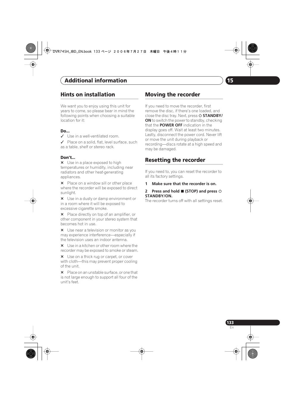 Hints on installation, Moving the recorder, Resetting the recorder | Additional information 15 | Pioneer DVR-745H-S User Manual | Page 133 / 136