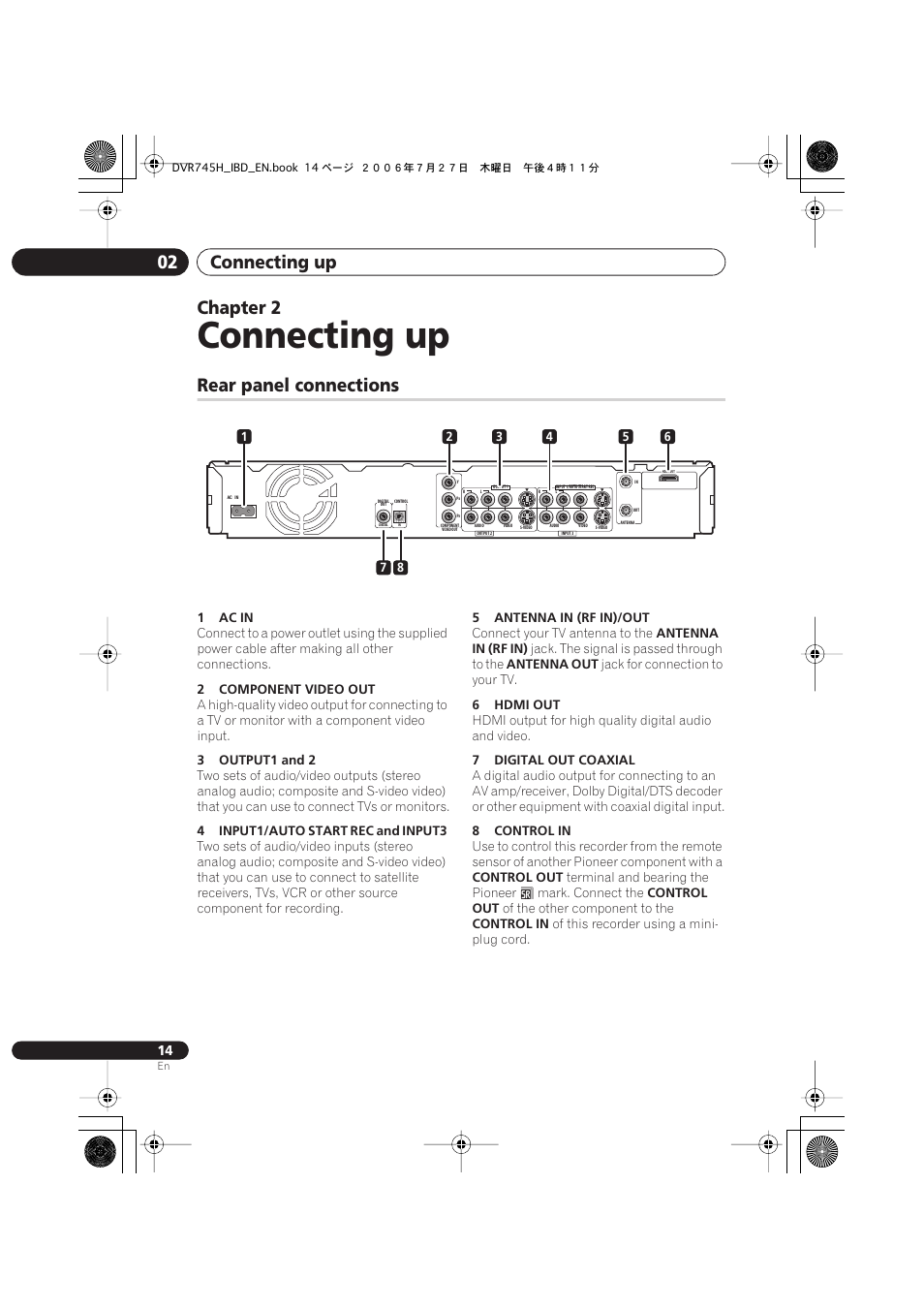 02 connecting up, Rear panel connections, Connecting up | Connecting up 02, Chapter 2 | Pioneer DVR-745H-S User Manual | Page 14 / 136
