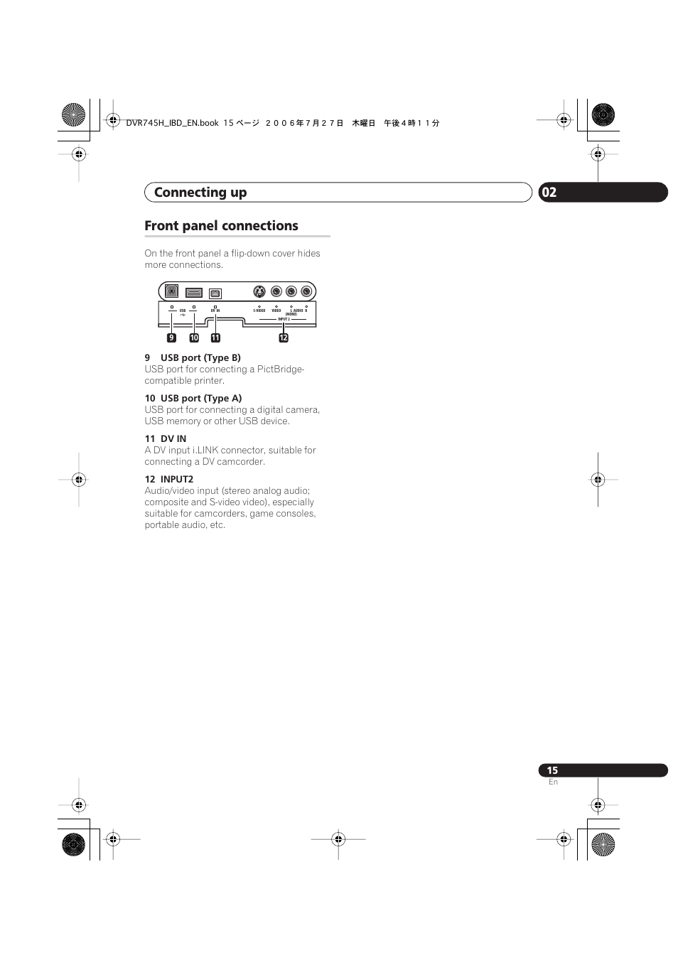 Front panel connections, Connecting up 02 | Pioneer DVR-745H-S User Manual | Page 15 / 136