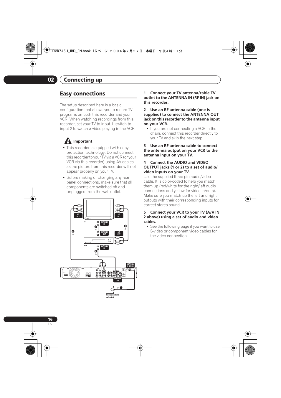 Easy connections, Connecting up 02, Coaxial in | Important | Pioneer DVR-745H-S User Manual | Page 16 / 136