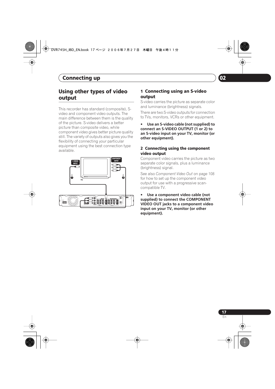 Using other types of video output, Connecting up 02, Using other types of video | Output, Connecting using an s-video output, 2 connecting using the component video output, Coaxial in, Component video out | Pioneer DVR-745H-S User Manual | Page 17 / 136