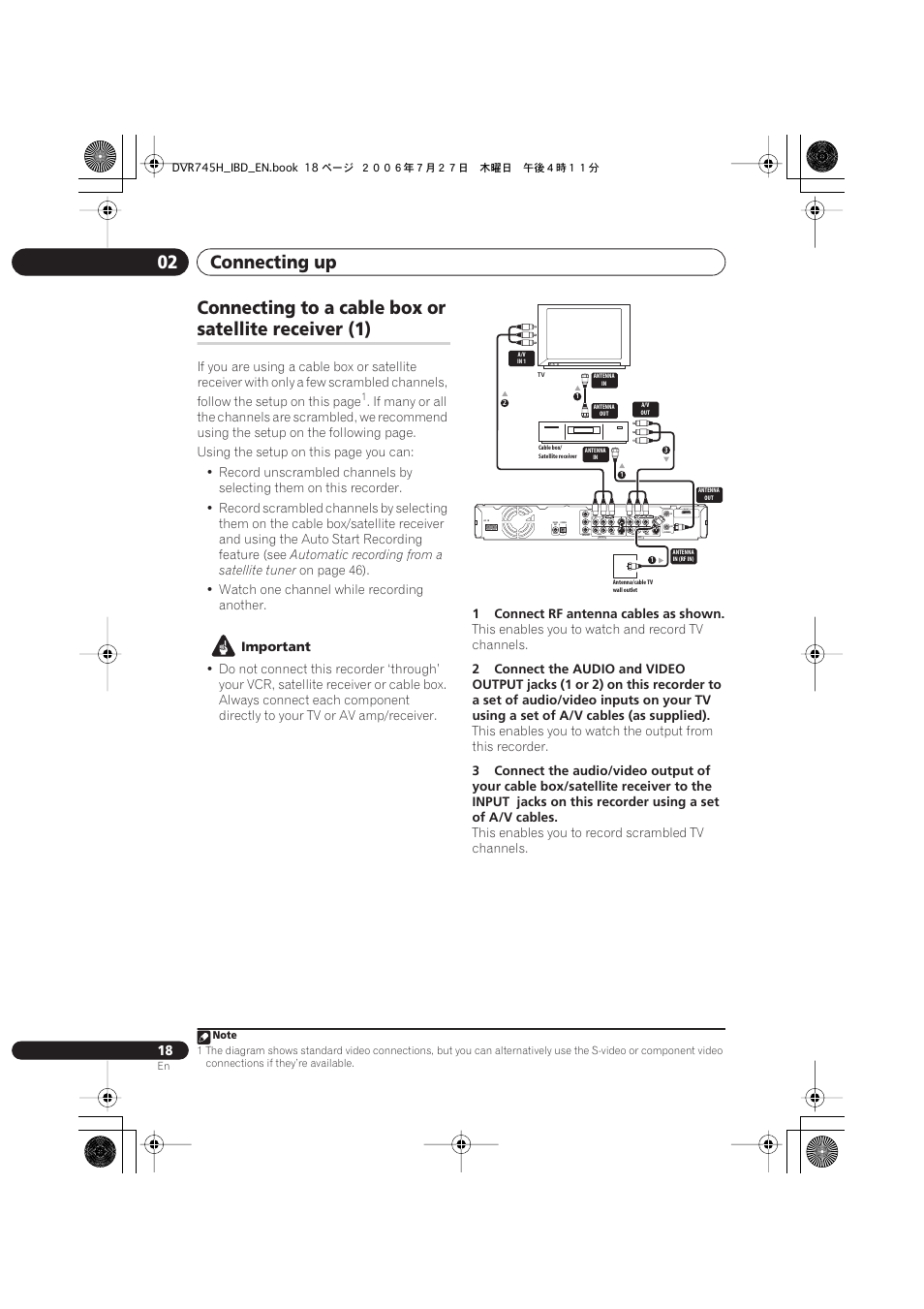 Connecting up 02, Connecting to a cable box or, Satellite receiver (1) | Coaxial in, Hdmi out, Automatic recording from a satellite tuner, Important, 1connect rf antenna cables as shown, This enables you to watch and record tv channels, This enables you to record scrambled tv channels | Pioneer DVR-745H-S User Manual | Page 18 / 136