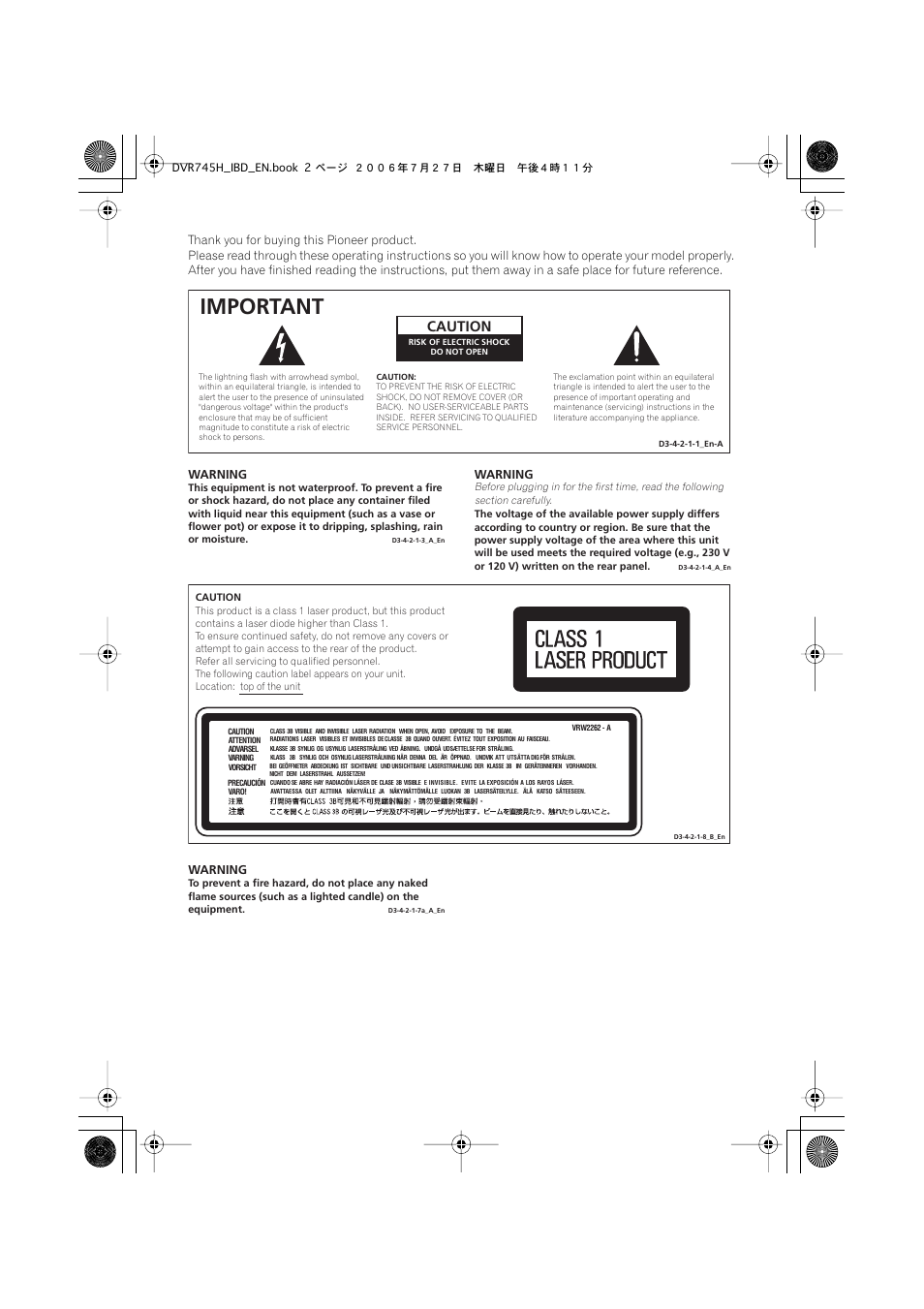 Important, Caution | Pioneer DVR-745H-S User Manual | Page 2 / 136