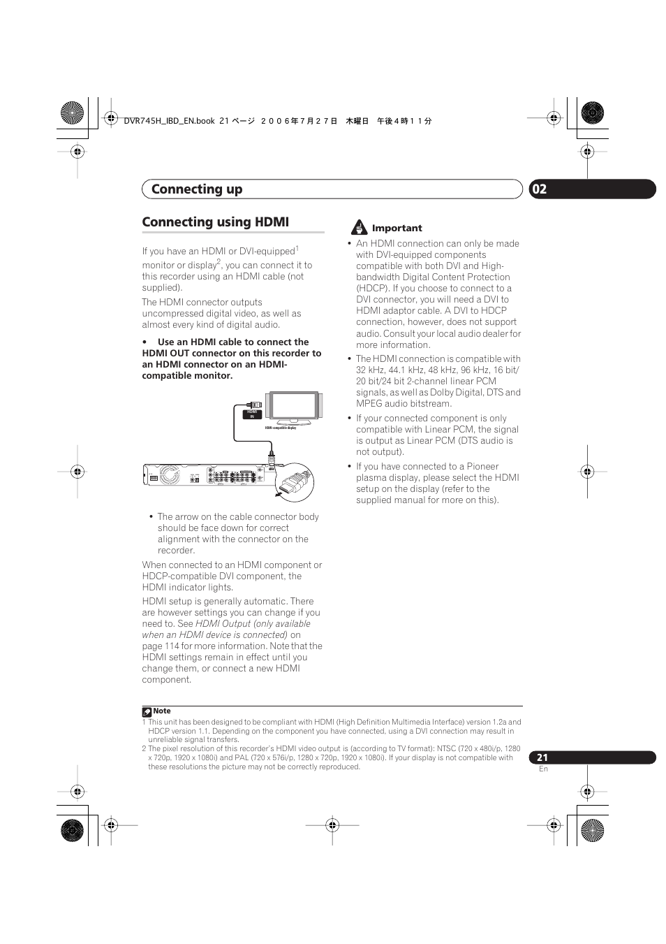Connecting using hdmi, Connecting up 02 | Pioneer DVR-745H-S User Manual | Page 21 / 136